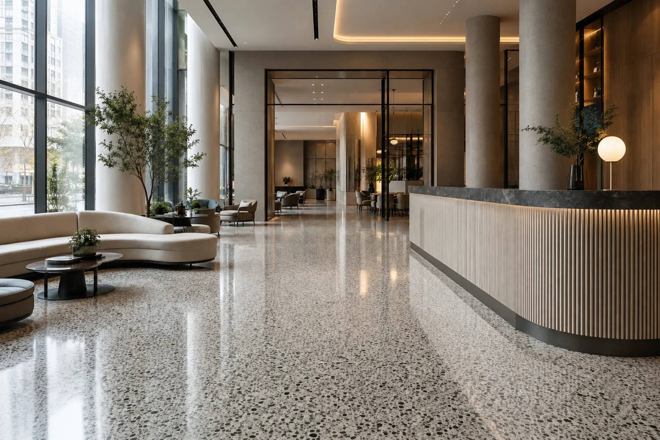 Hotel lobby with terrazzo flooring and natural stone accents