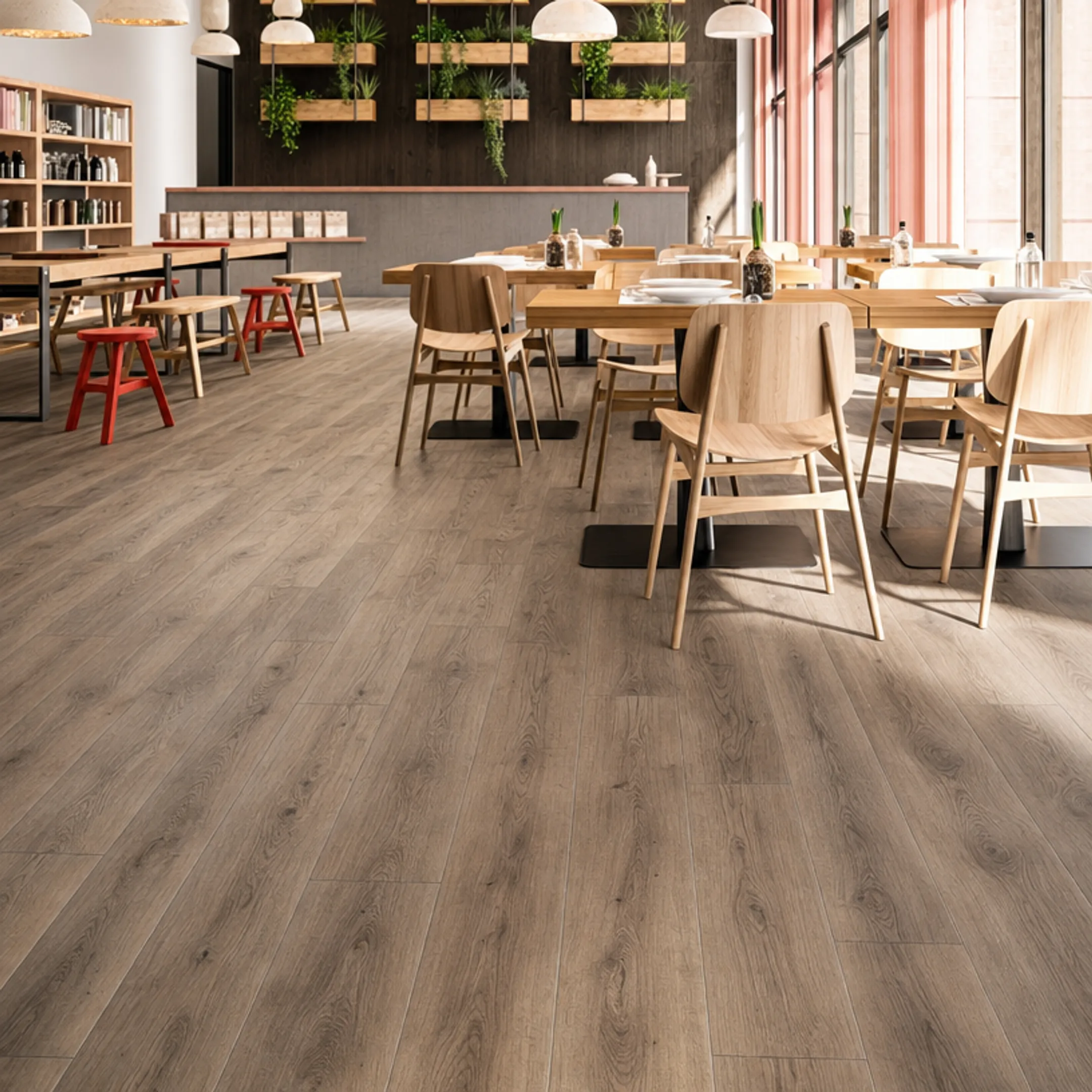 Luxury vinyl tile flooring resembling wood in casual dining restaurant