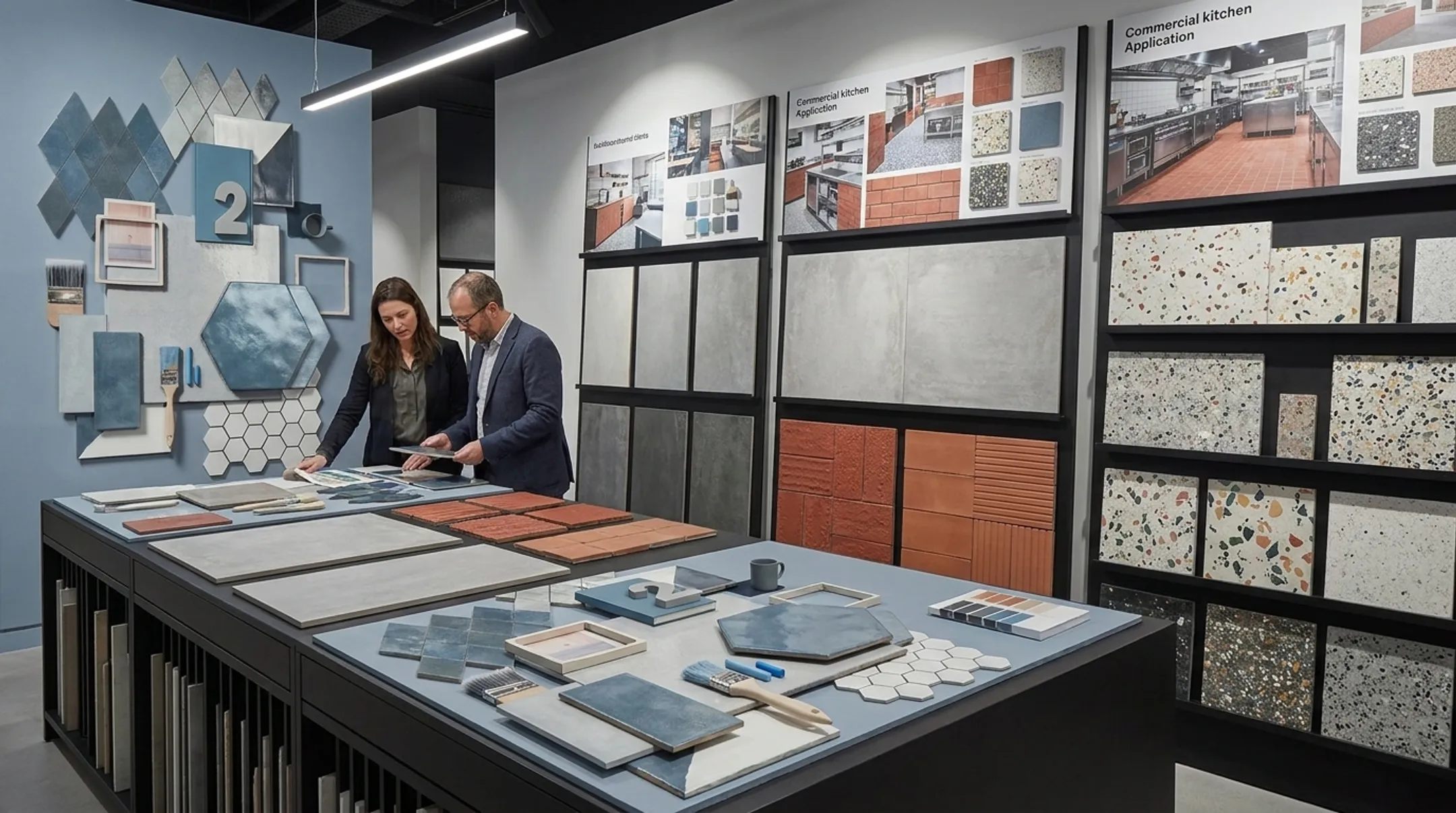 Ceramic and quarry tile showroom display with commercial flooring samples