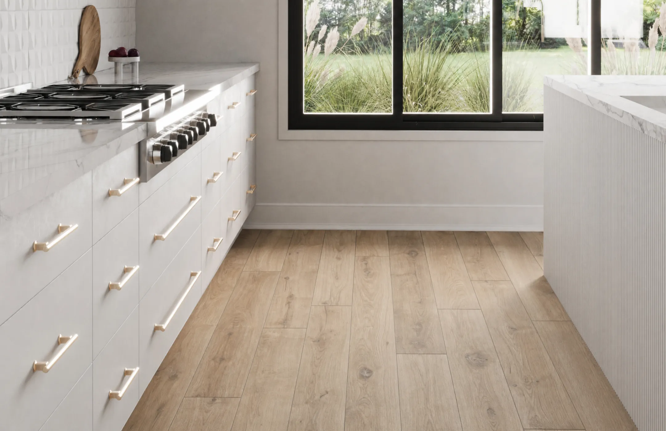 Wood-look porcelain tile flooring installed in modern kitchen interior