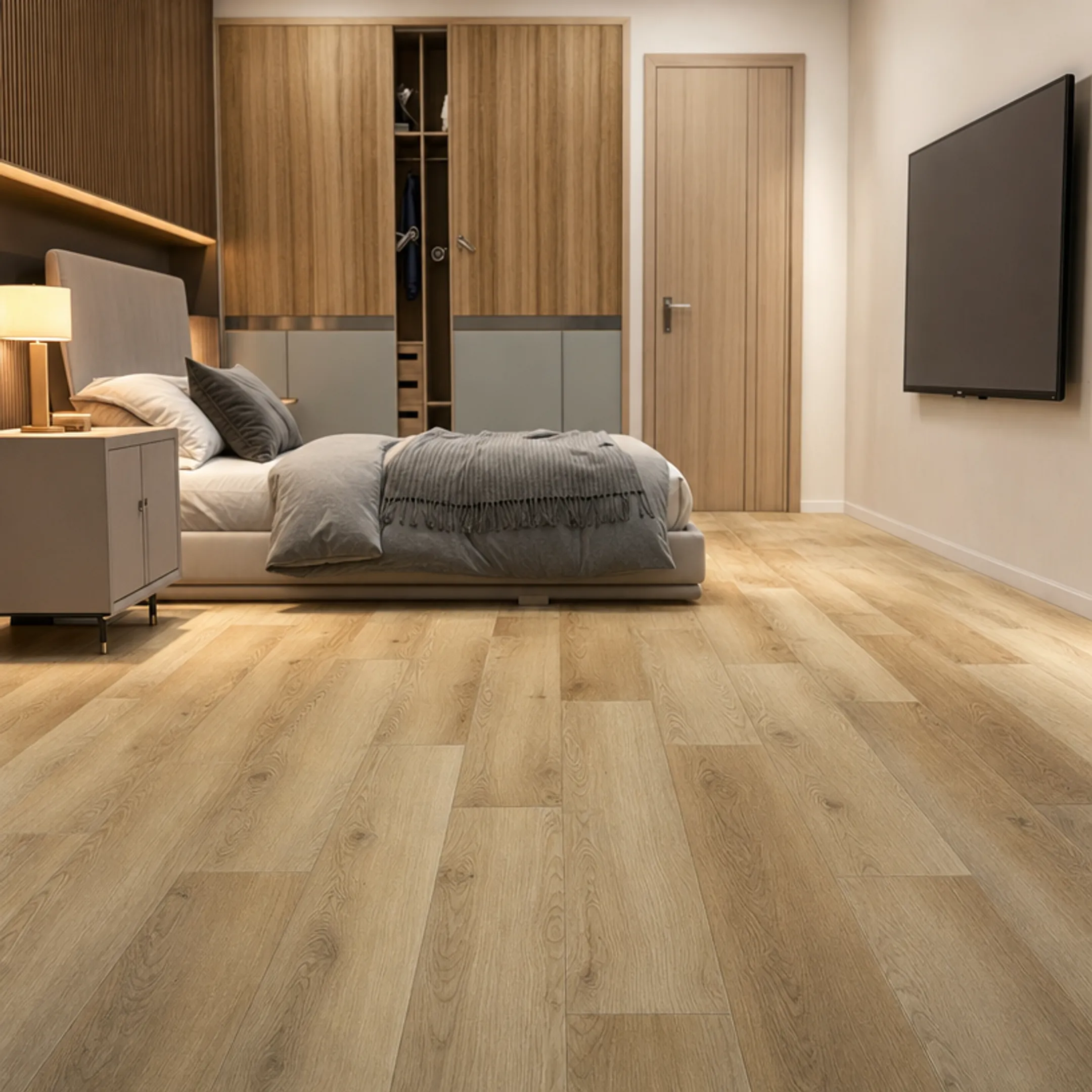 Luxury vinyl plank flooring installed in cozy bedroom setting