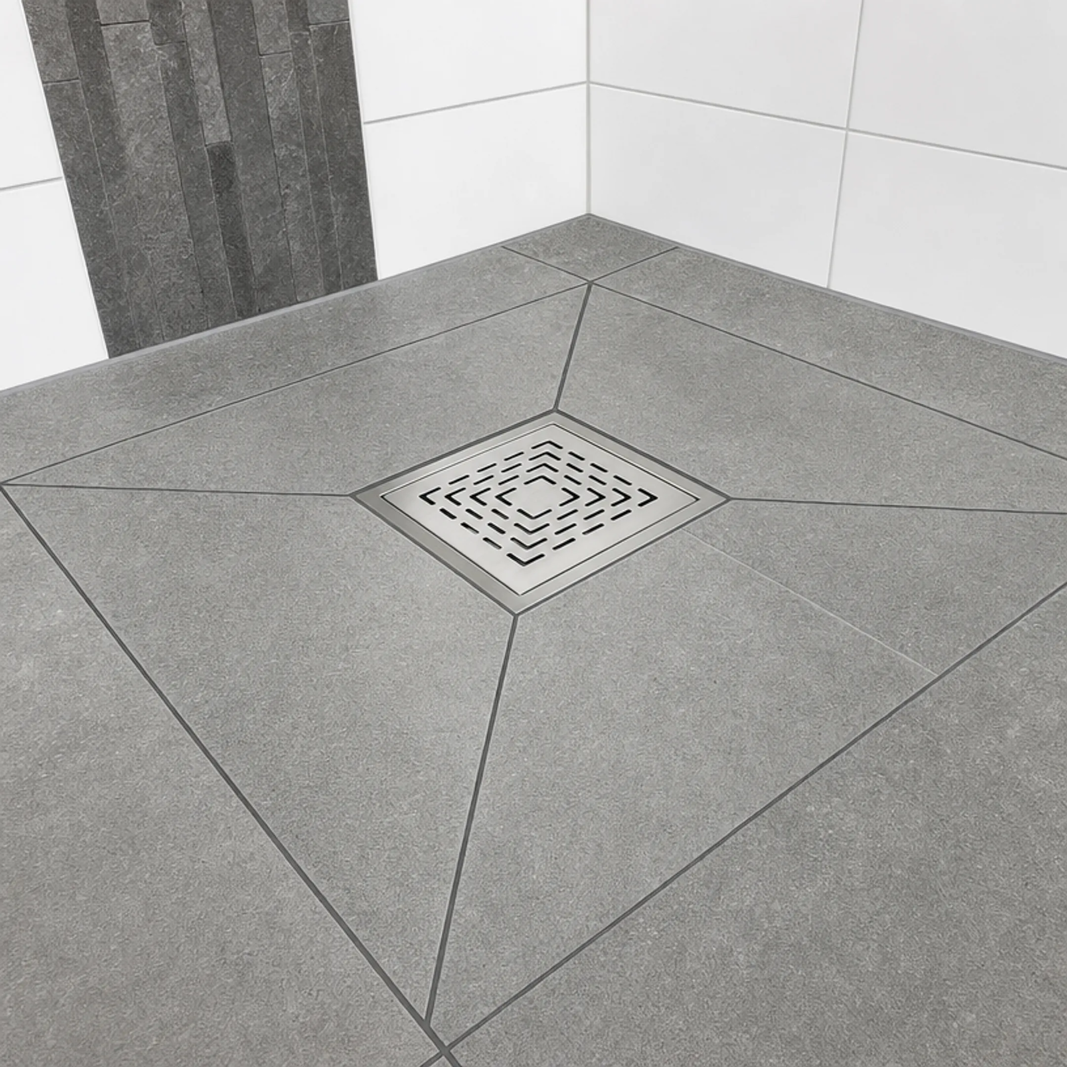 Wet area shower tile installation with slip-resistant flooring and drainage