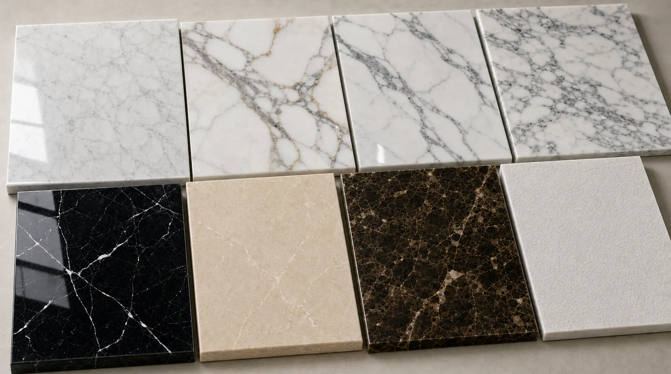 Polished Carrara and Calacatta marble slabs showing natural veining patterns