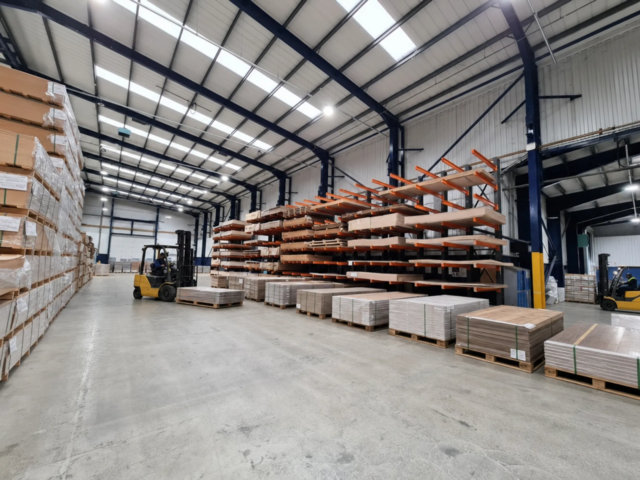 Warehouse distribution center with stacked flooring material pallets