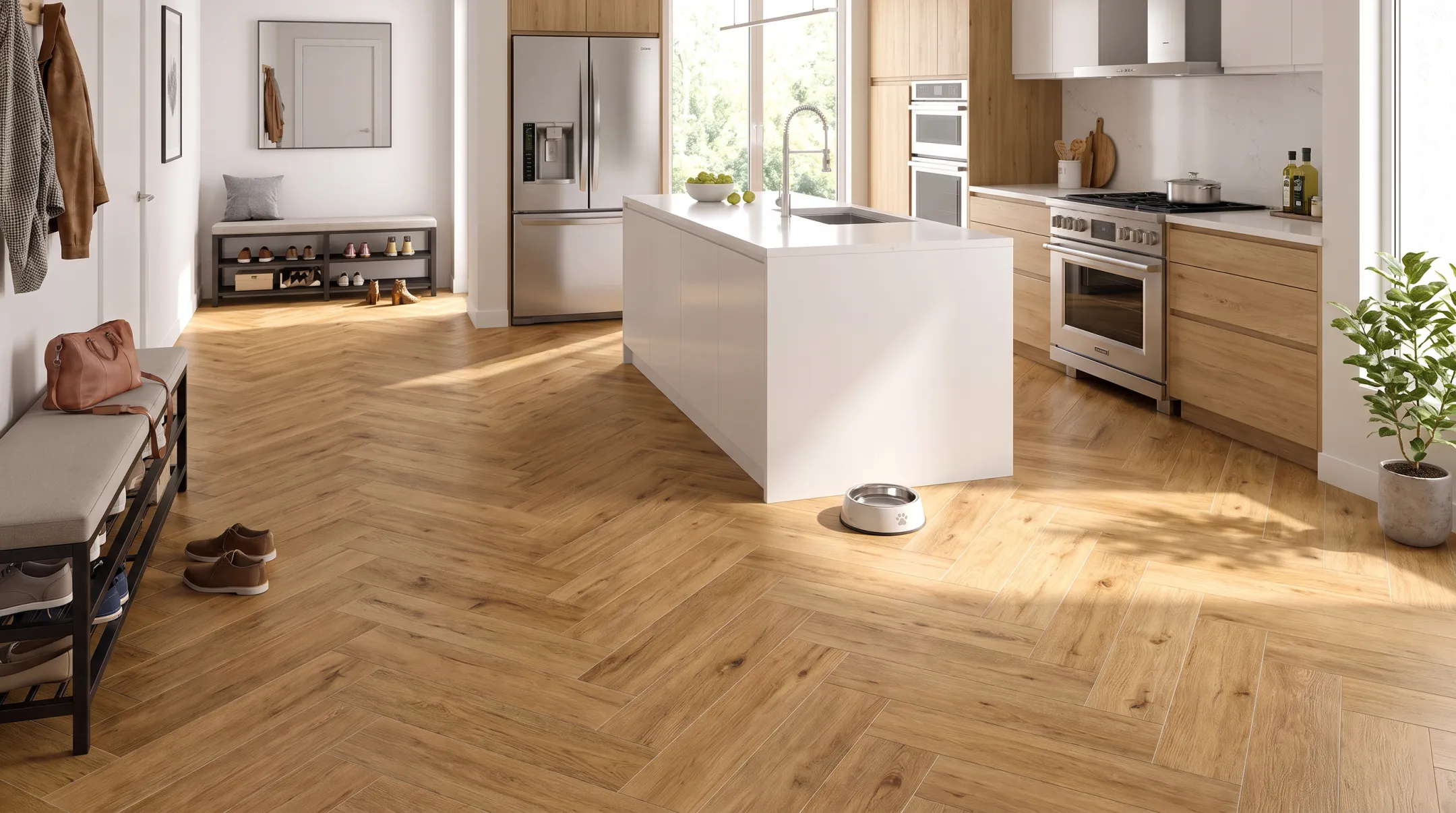 Wood-look porcelain tile flooring installed in modern kitchen entryway