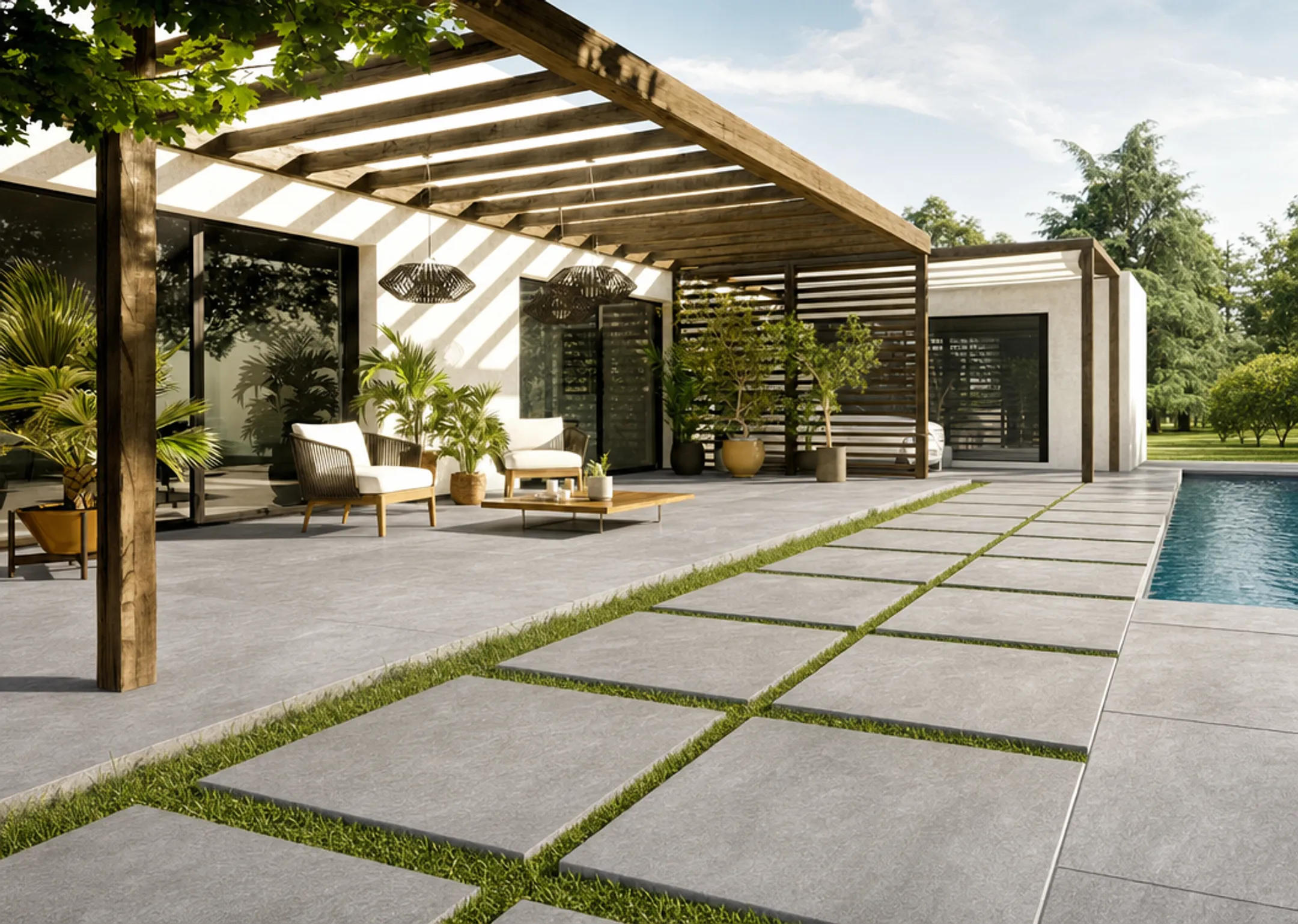 Porcelain paver patio and pool deck installation in outdoor setting