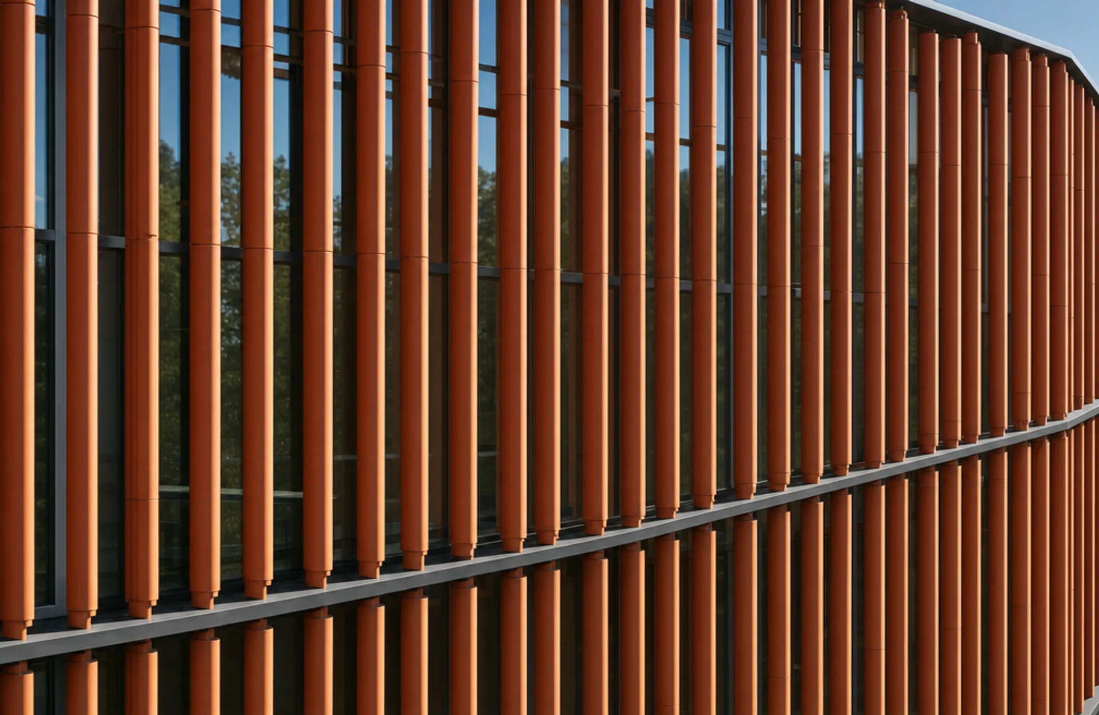 Ceramic sunbreak louvered facade panels installed on building exterior