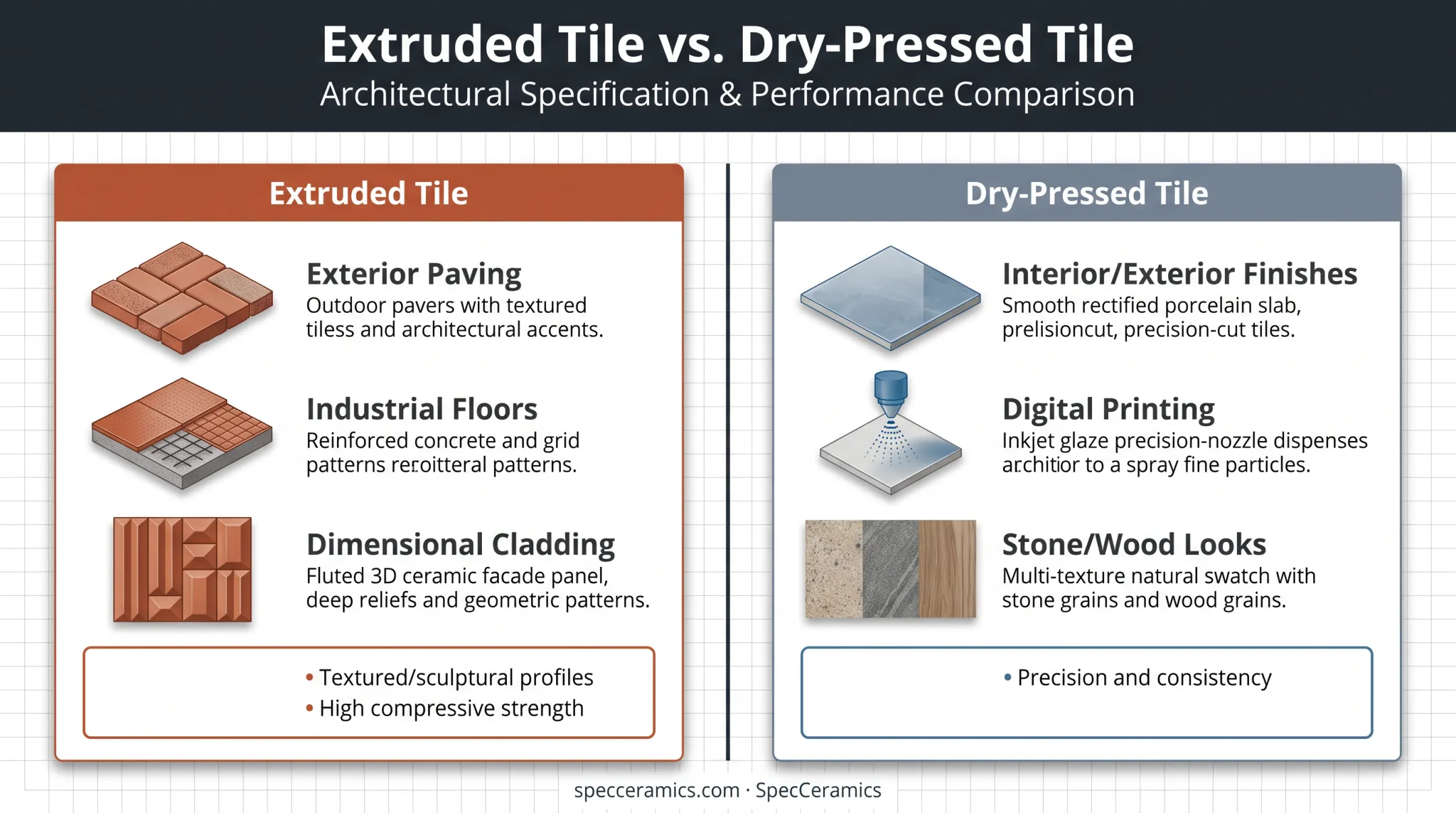 Extruded versus dry-pressed tile comparison chart for best applications