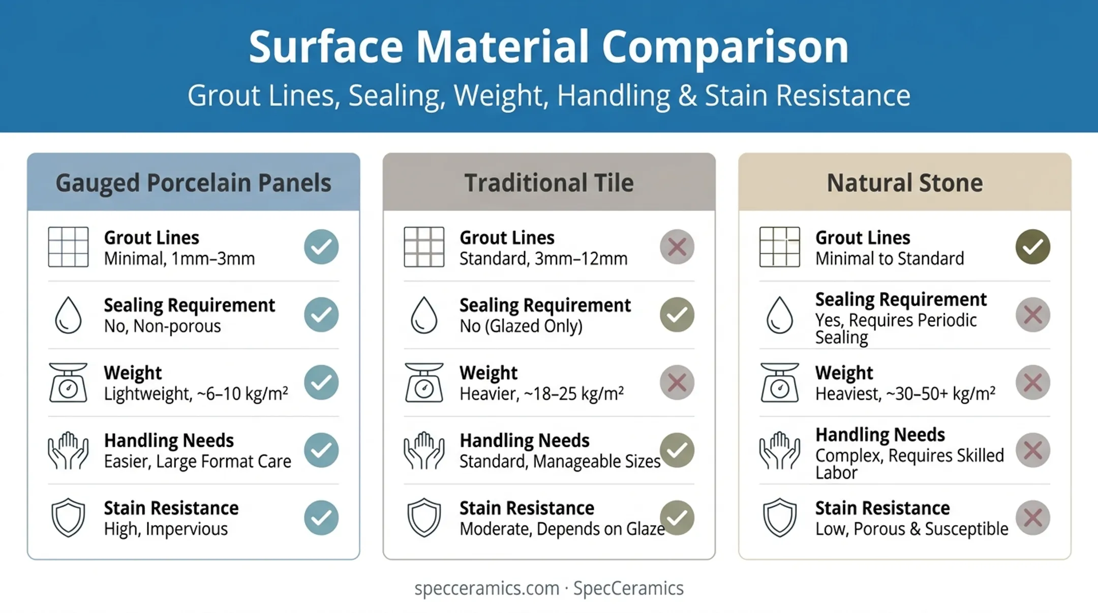 Gauged porcelain panels versus traditional tile versus natural stone comparison