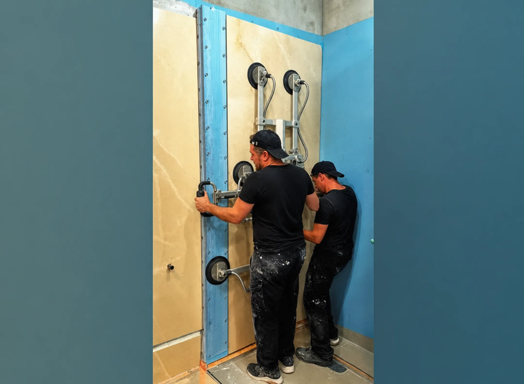 Large-format porcelain panel being lifted with vacuum suction equipment
