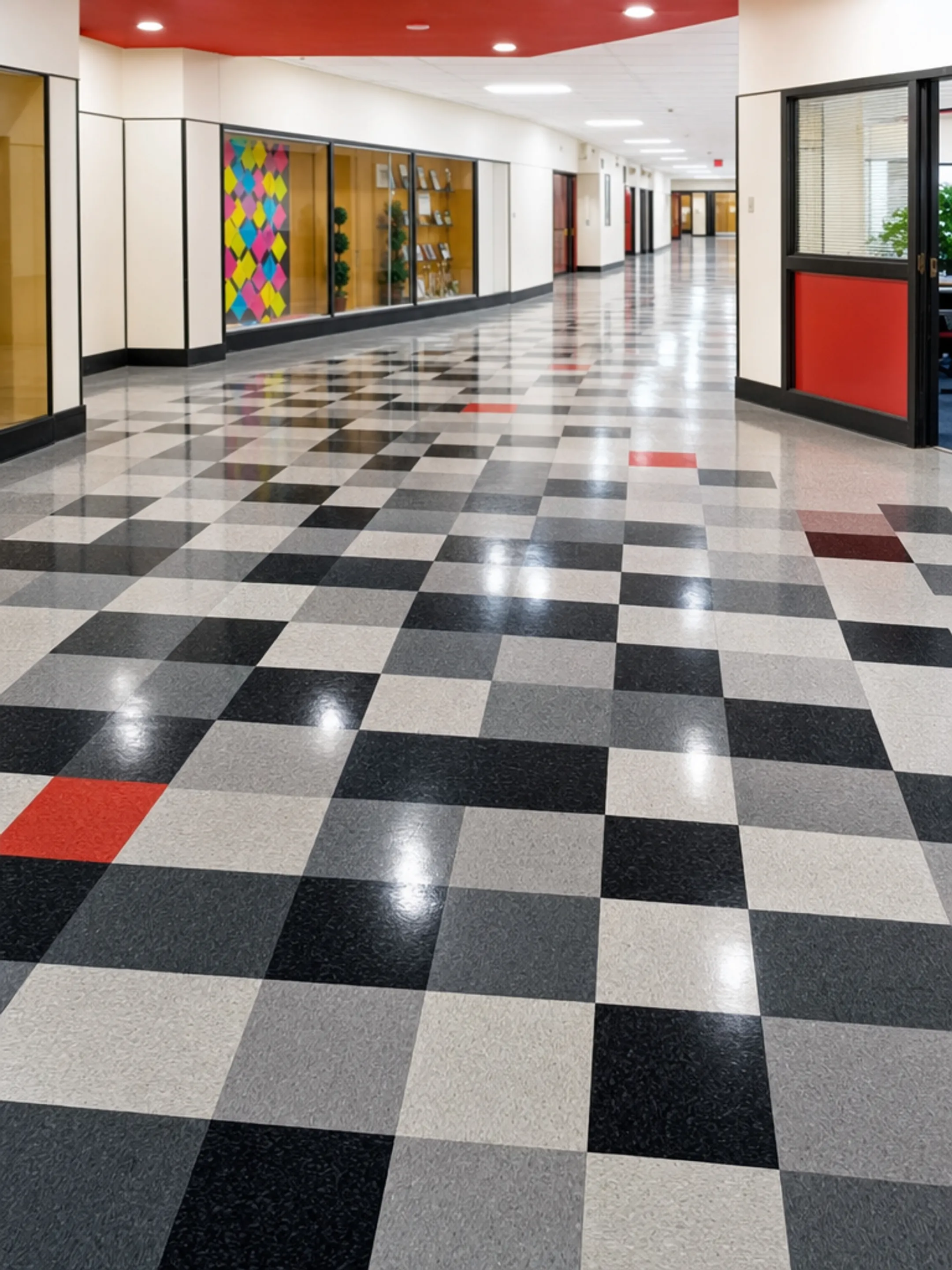 Vinyl composition tile flooring installed in commercial hallway setting