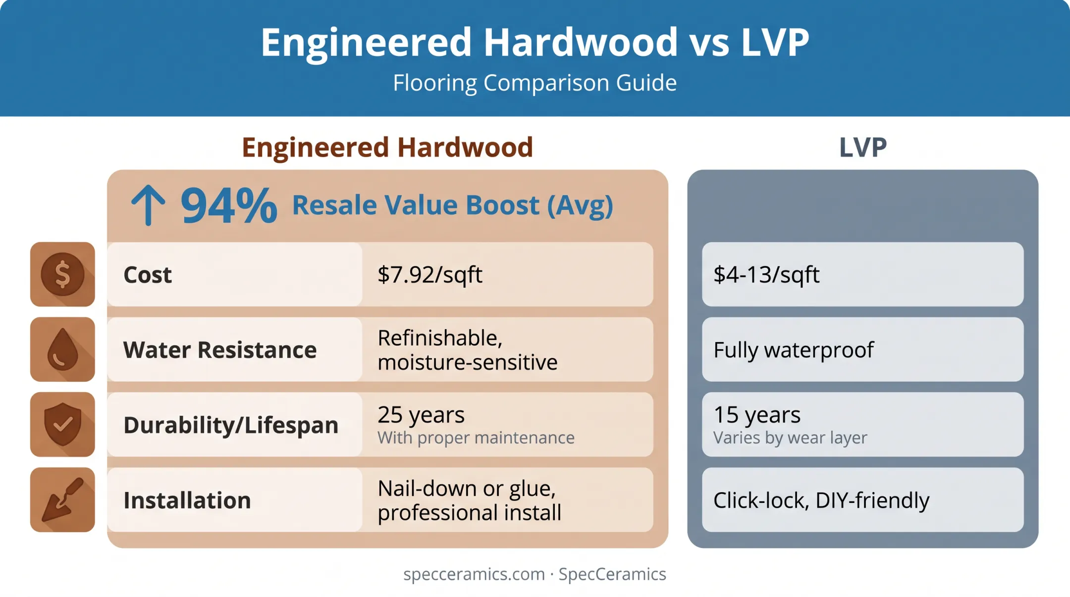 Engineered hardwood versus LVP comparison chart cost durability water resistance