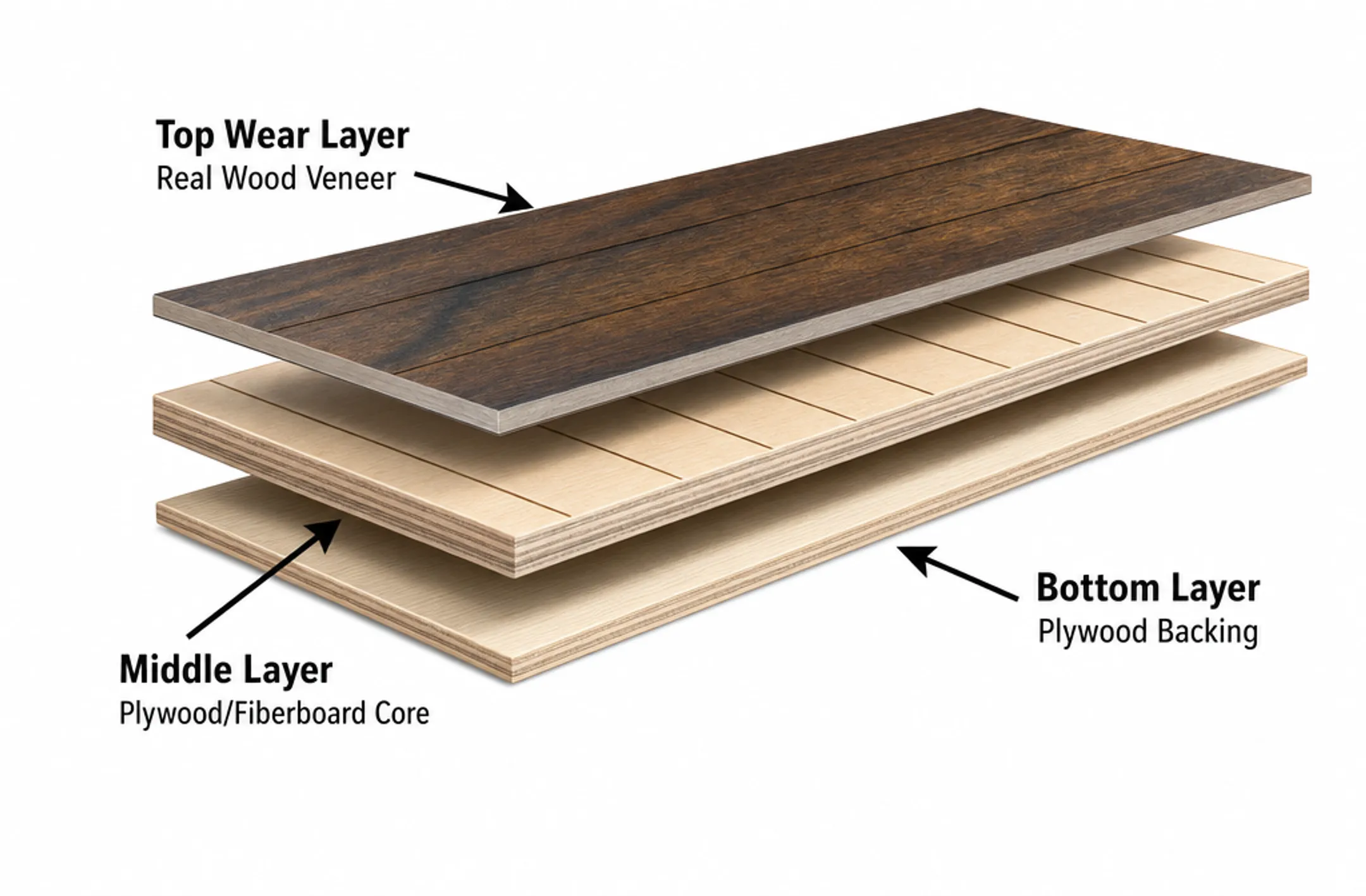 Cross-section diagram of engineered hardwood veneer layers and core