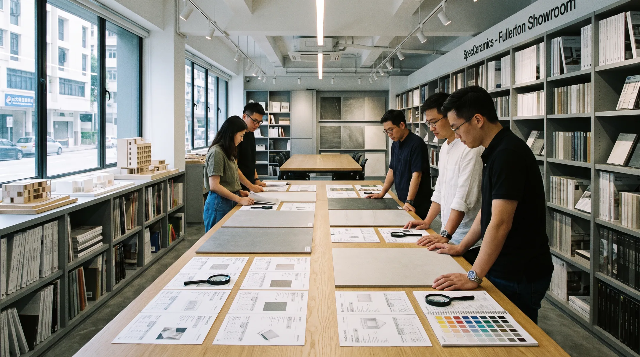 SpecCeramics showroom displaying tile samples and design library materials