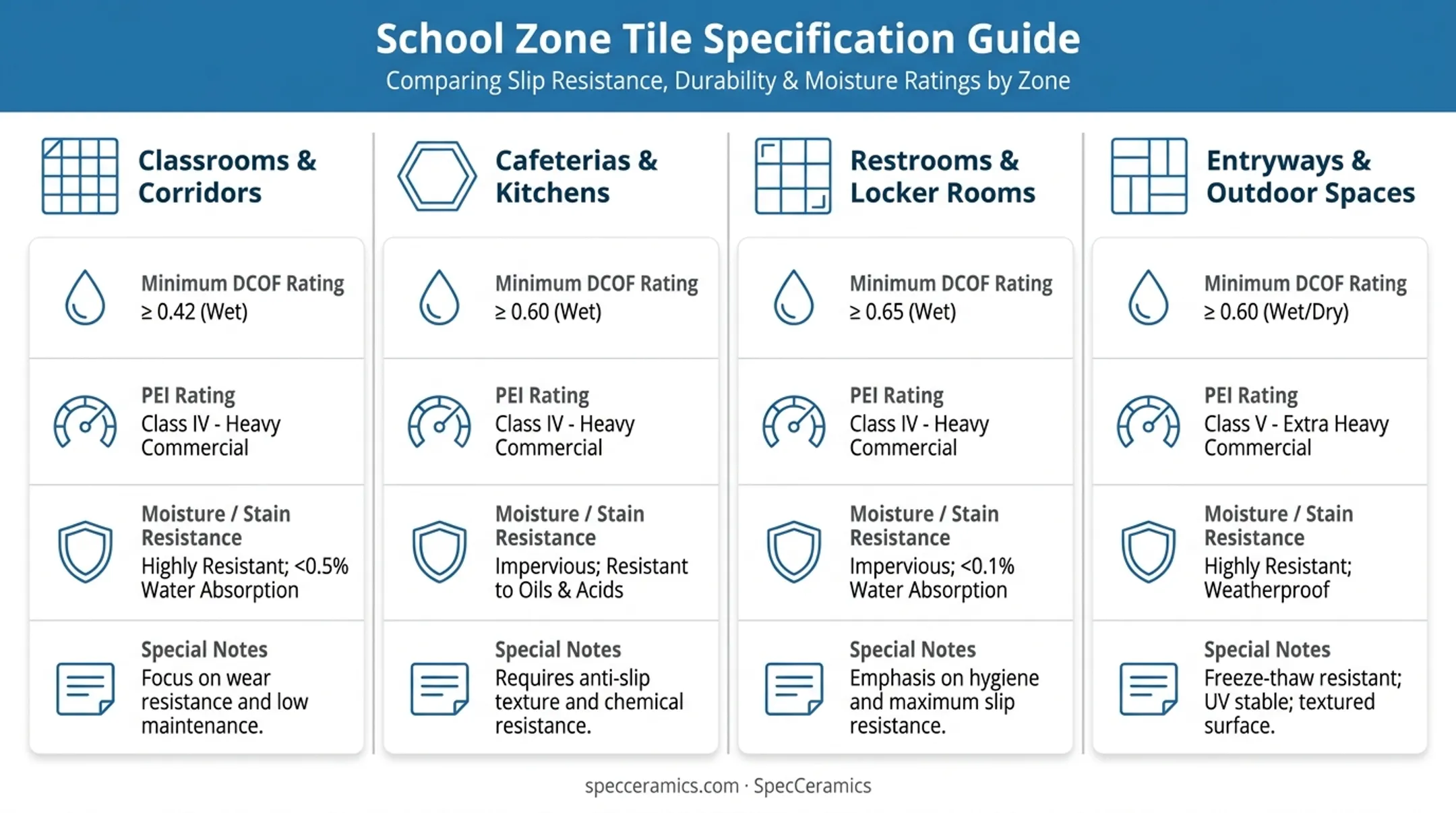 School tile specifications by area classroom cafeteria restroom outdoor