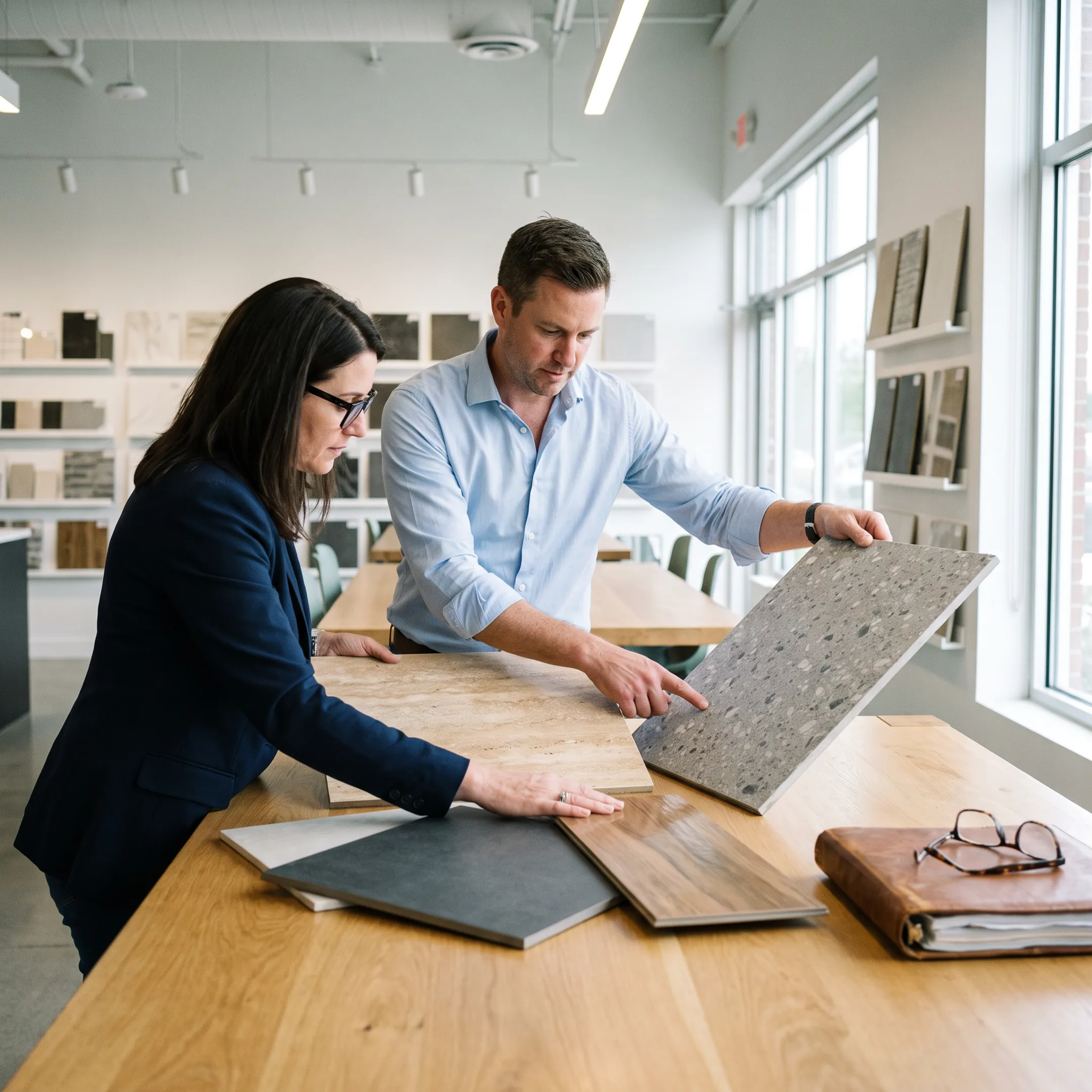 Design professionals reviewing commercial tile samples