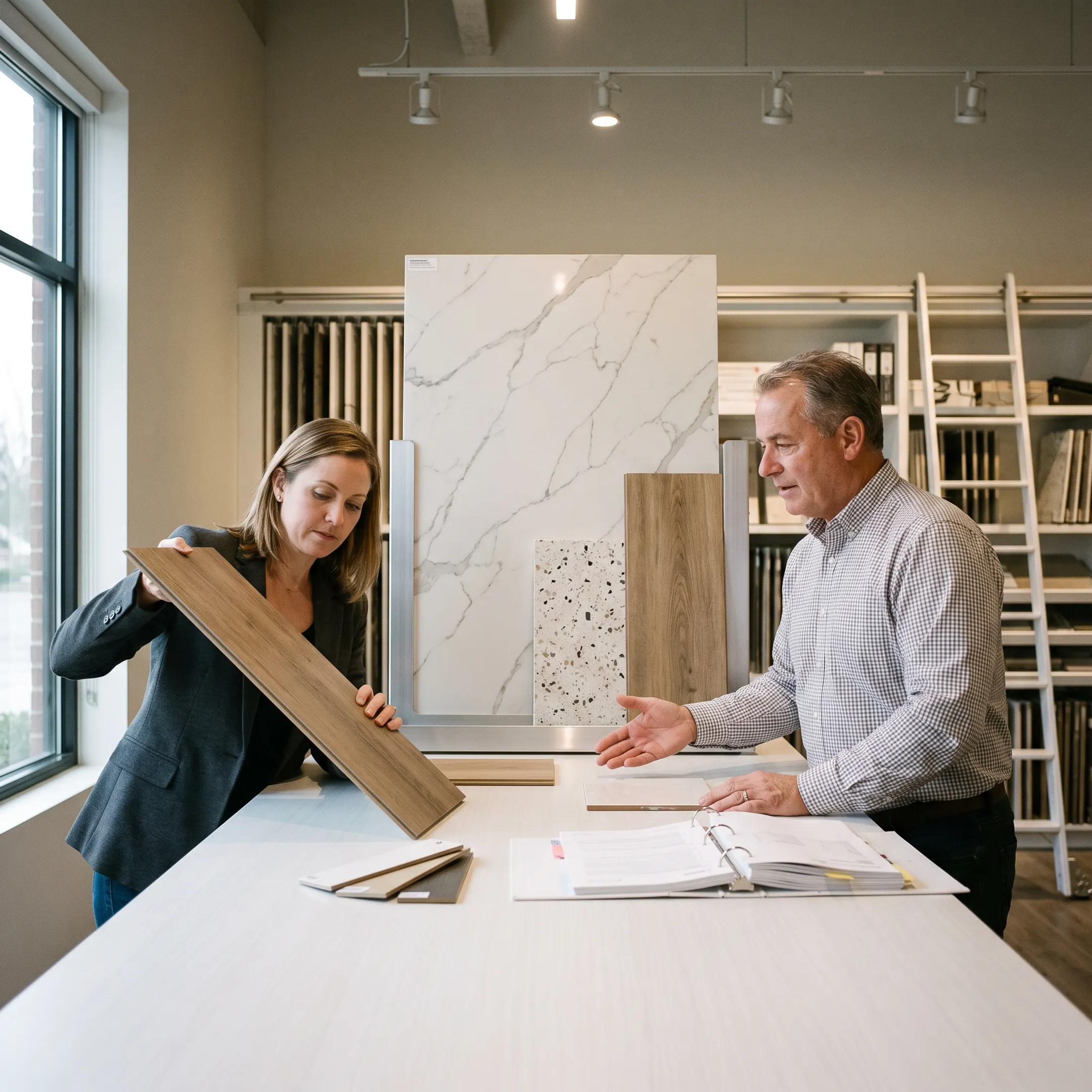 Design professional reviewing commercial flooring samples with a sales representative