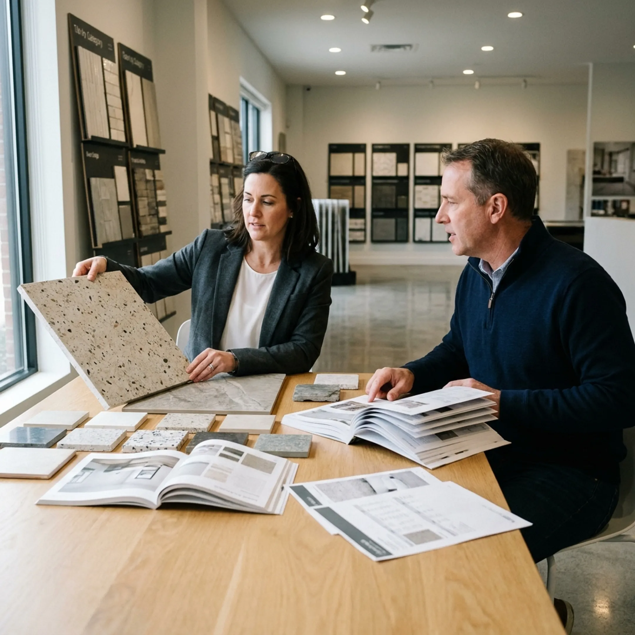 Designer reviewing tile samples at a showroom table