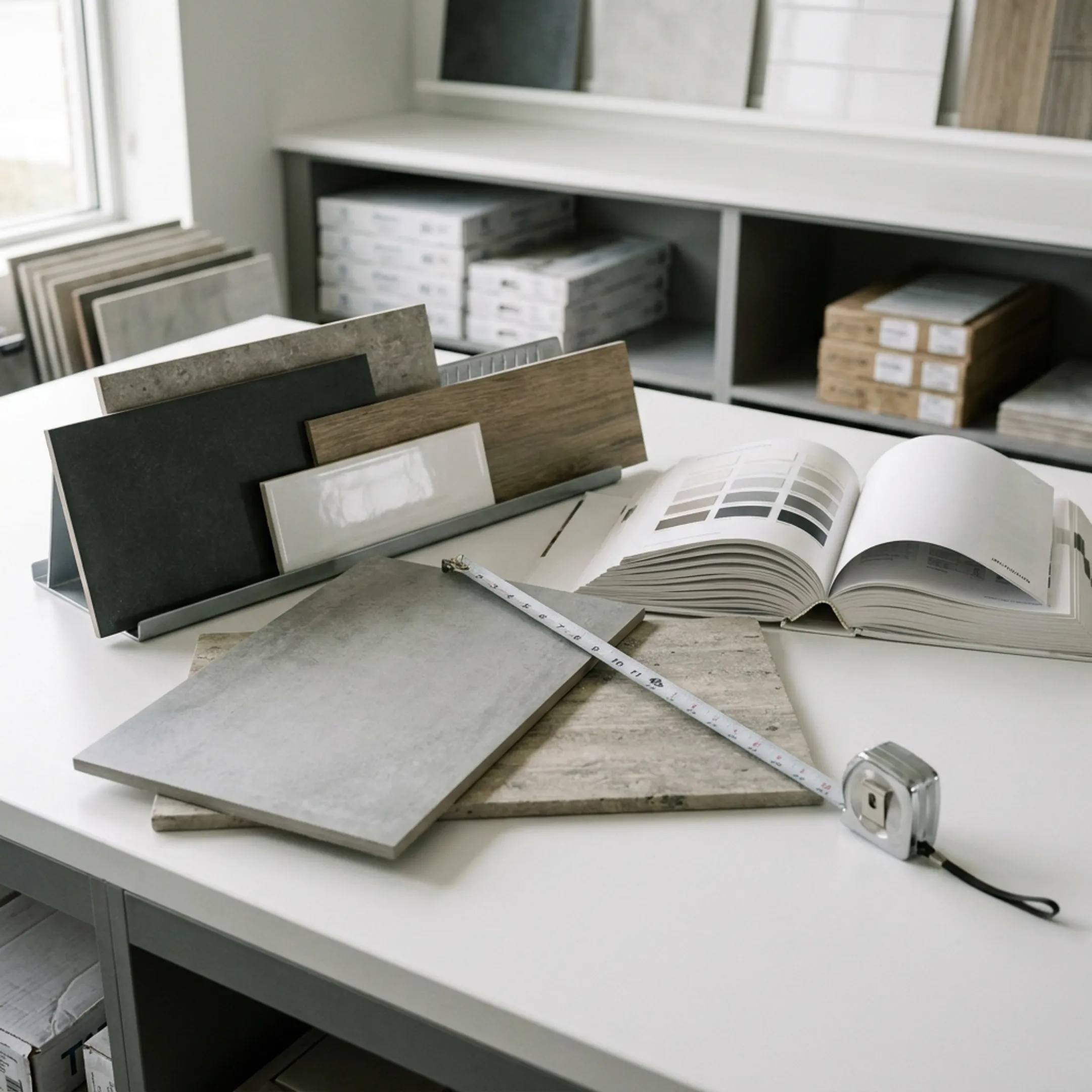 Tile samples arranged for commercial kitchen flooring selection