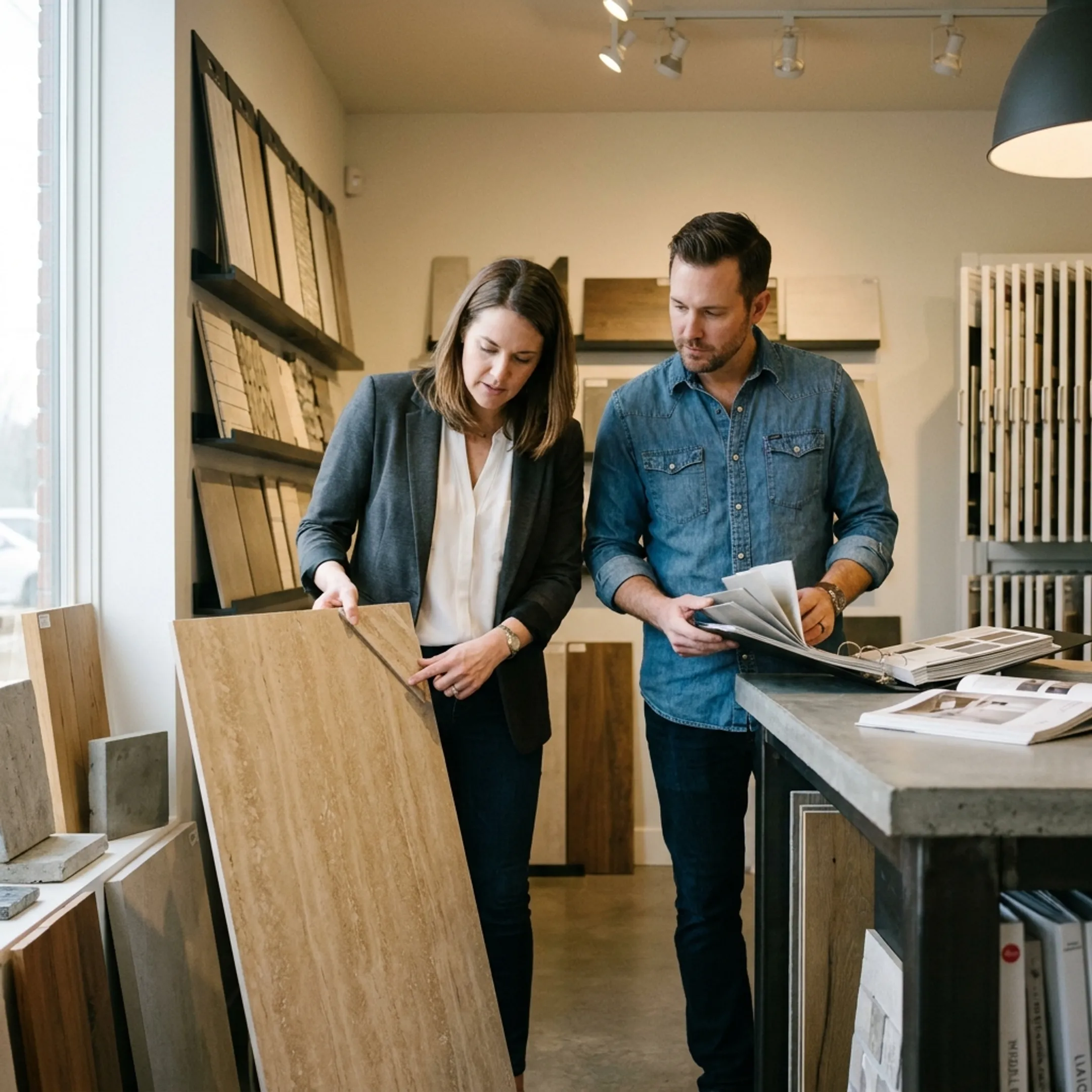 Designer reviewing ceramic tile samples