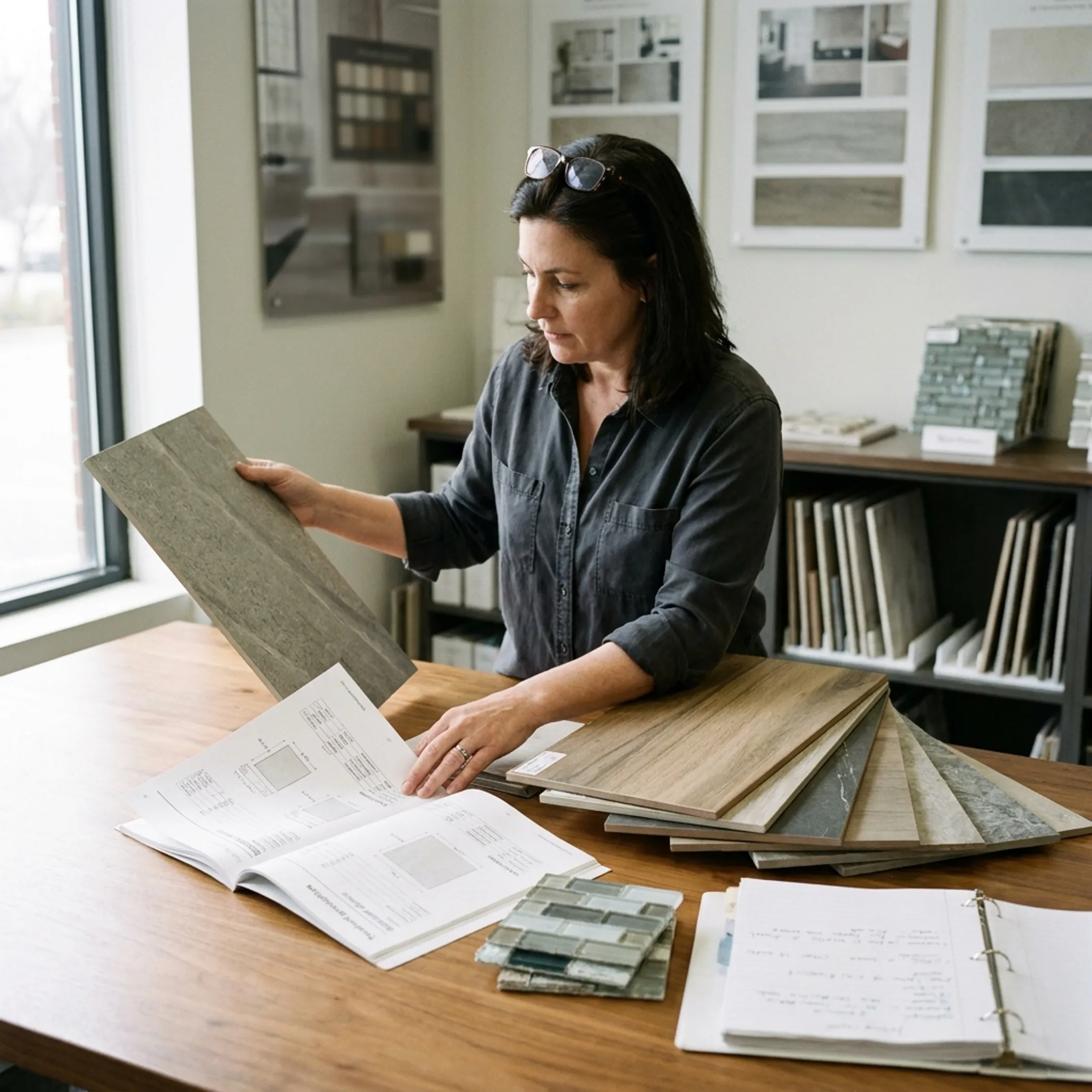 Designer reviewing tile samples and technical specification documents