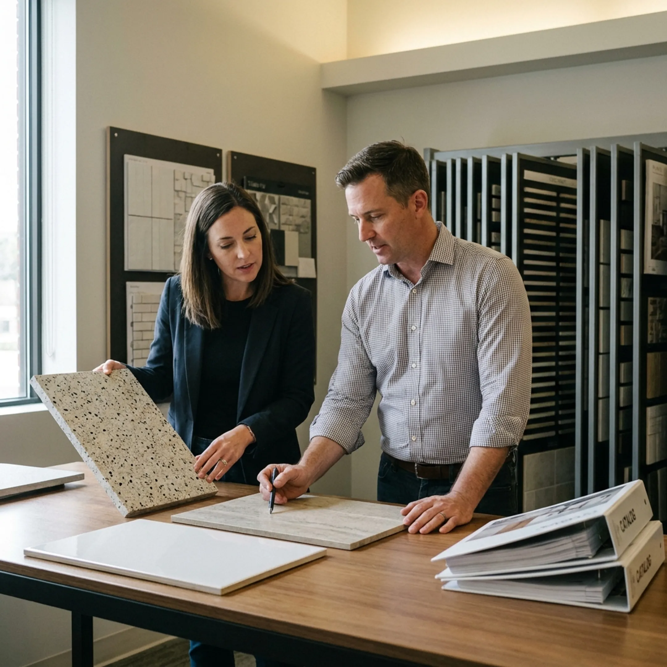 Designer reviewing commercial flooring samples with a sales representative