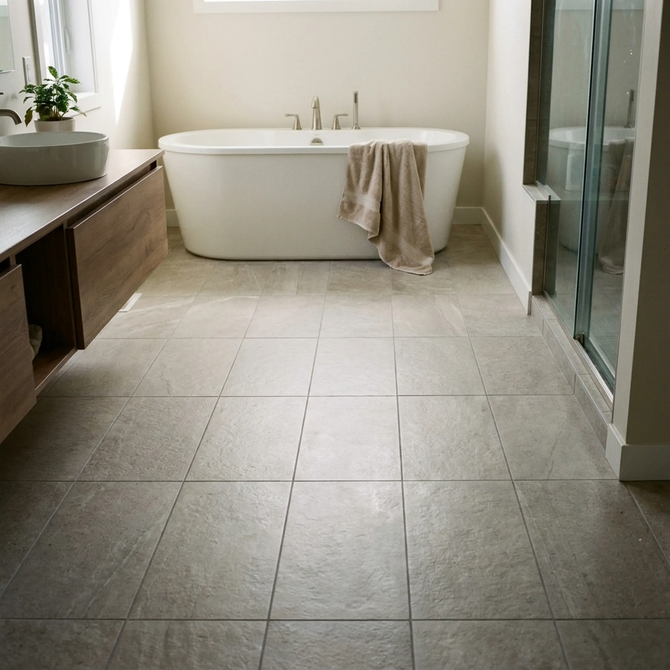 Residential bathroom with porcelain floor tiles