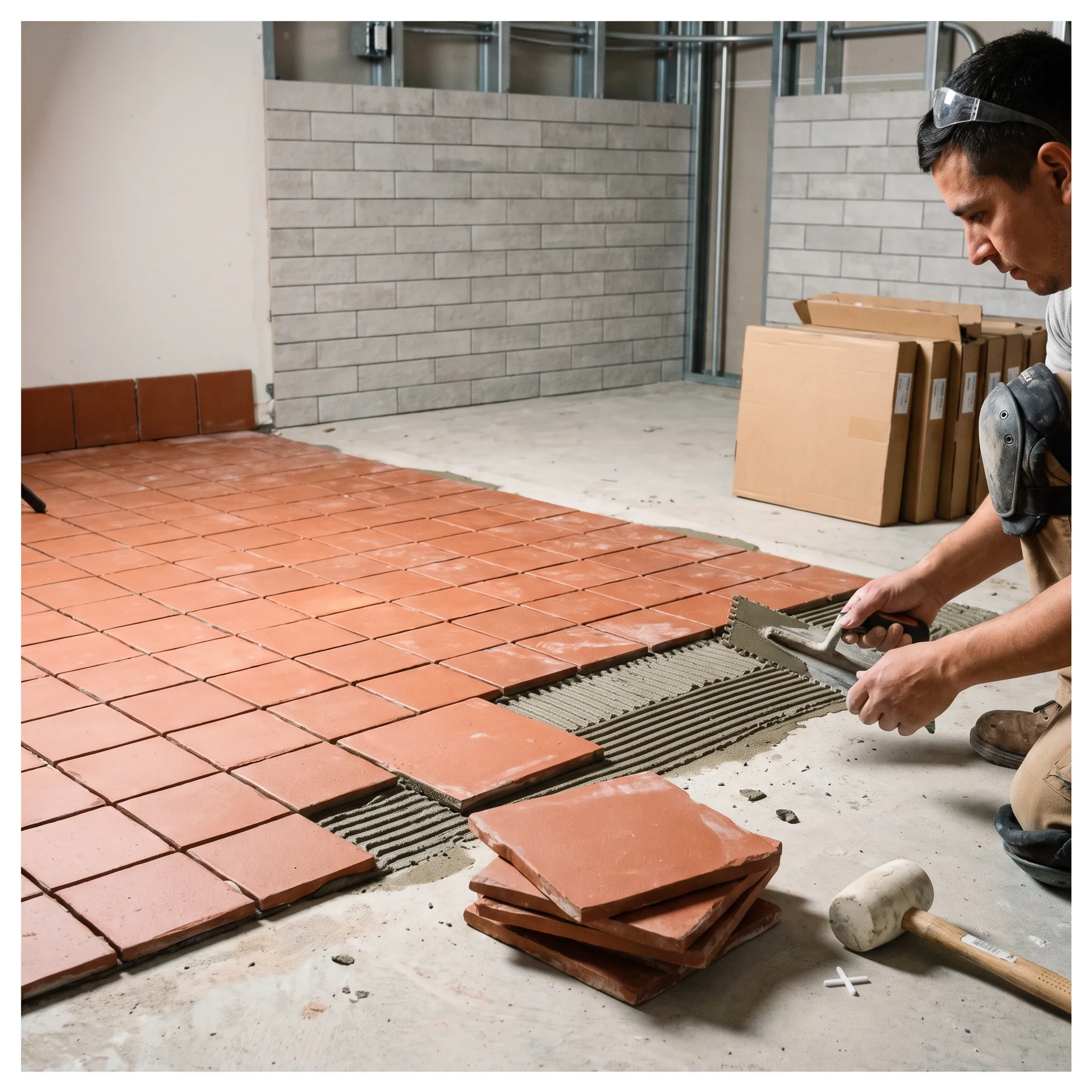 Commercial construction quarry tile installation
