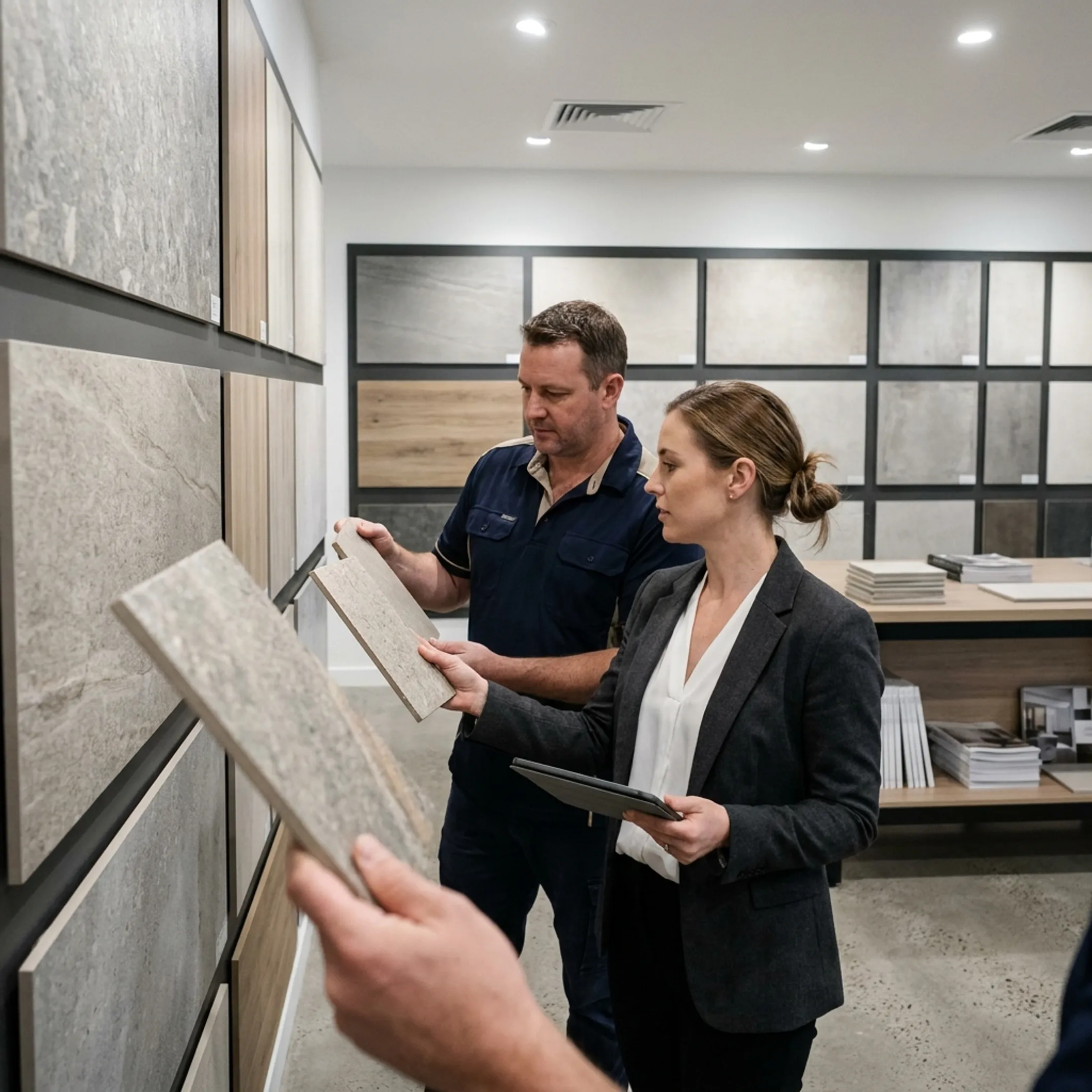 Designer reviewing Spanish tile samples with a sales representative
