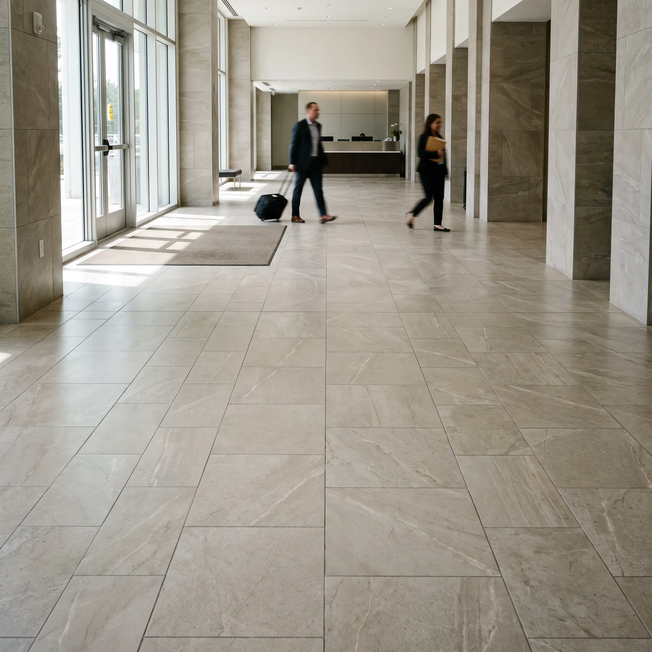 High-traffic commercial flooring with porcelain tile
