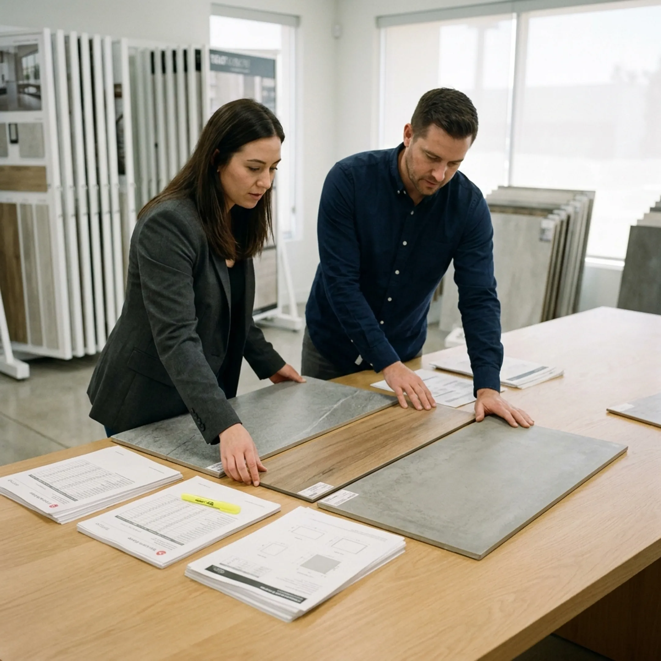 Architectural team reviewing durable commercial tile flooring samples for hospital design
