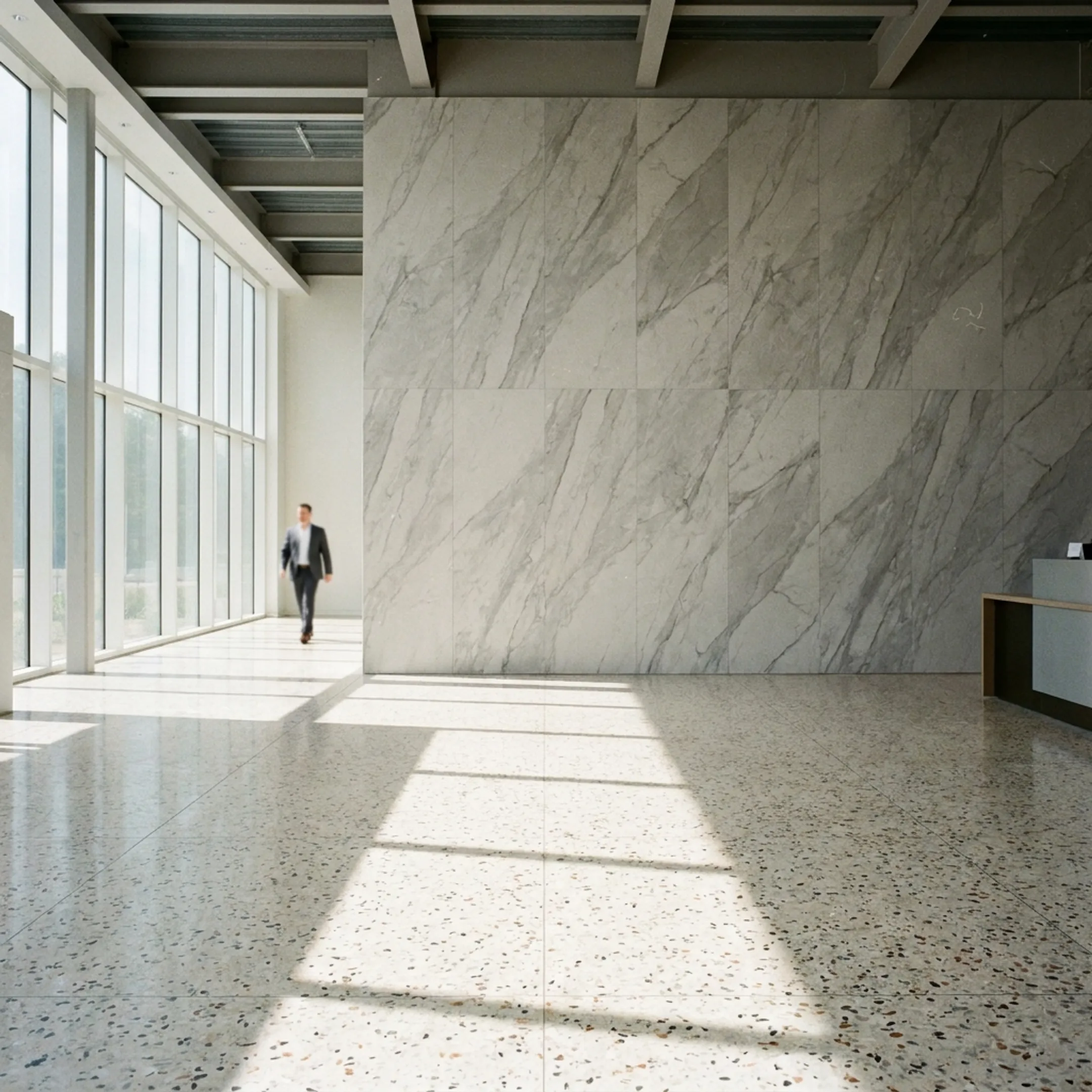 Luxury European porcelain tiles installed in a modern commercial lobby