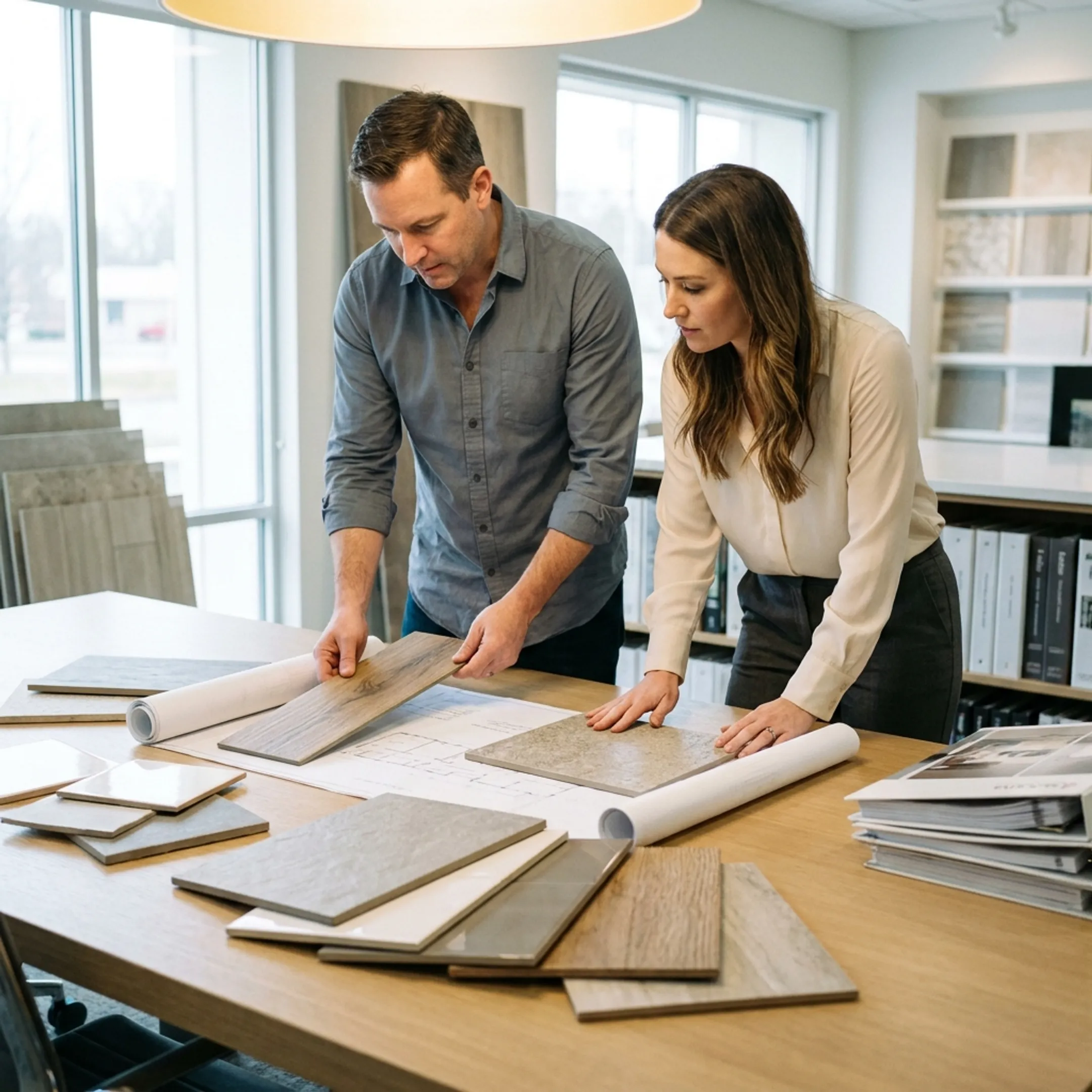 Interior designer examining ceramic tile finish samples on a workspace table