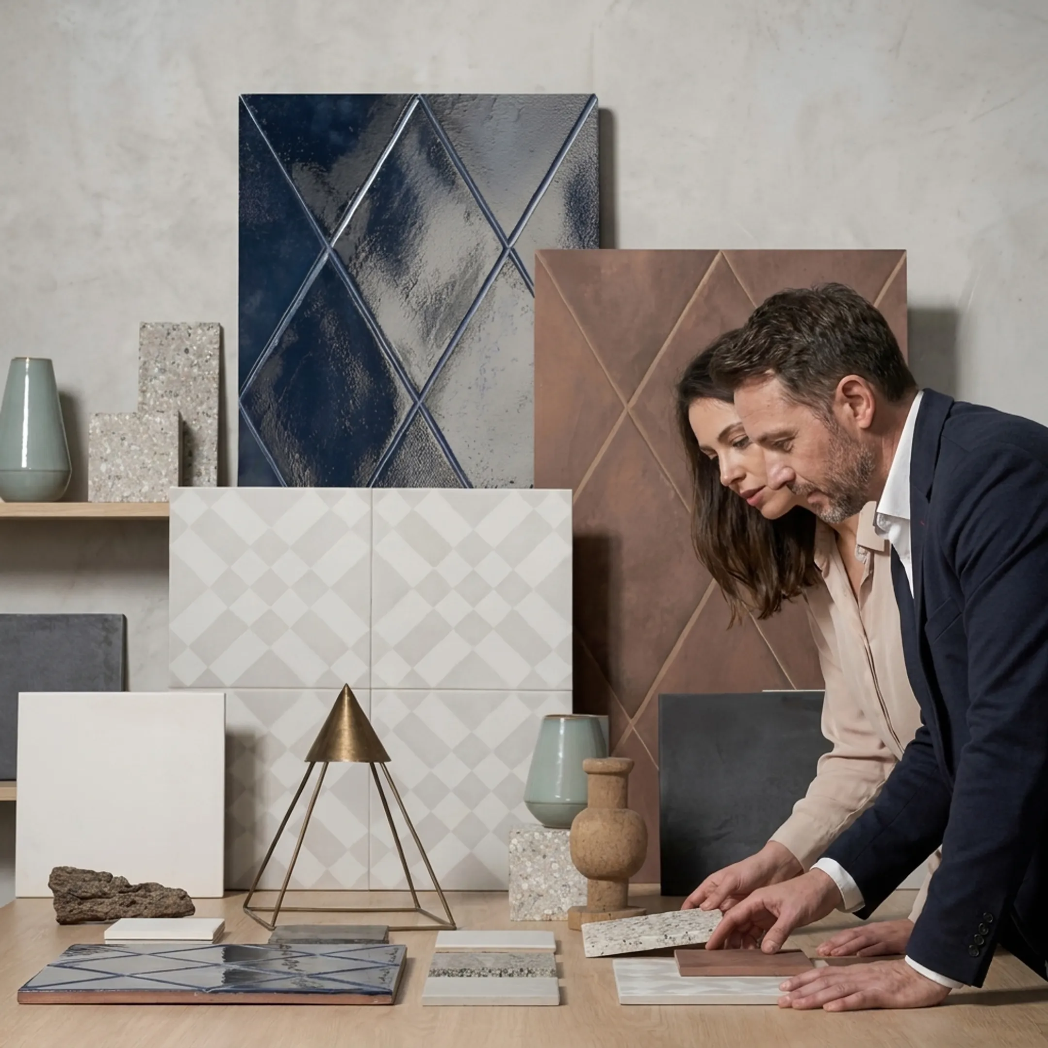 Designer reviewing tile samples with a showroom representative
