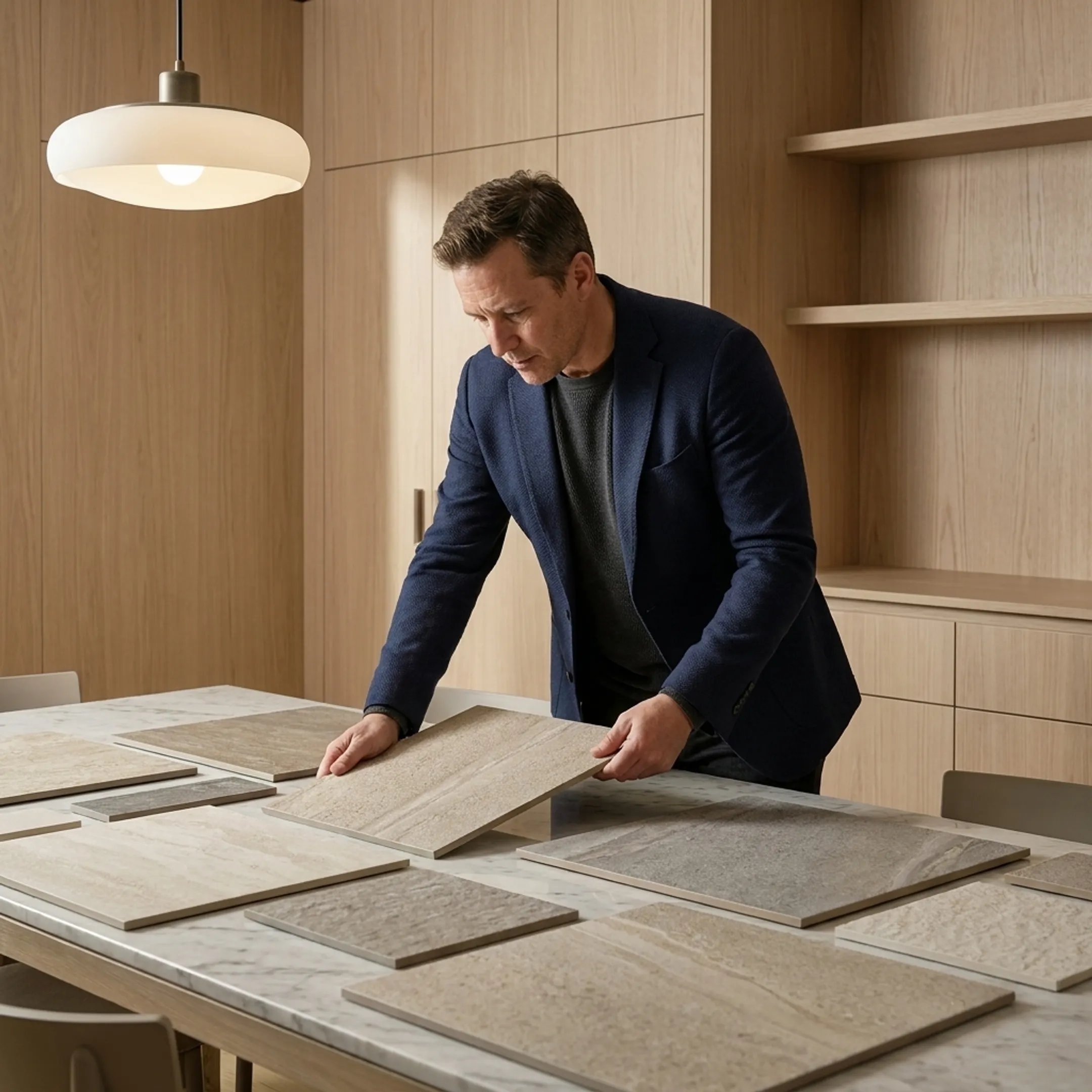 Architectural tile selection consultation in a modern commercial showroom