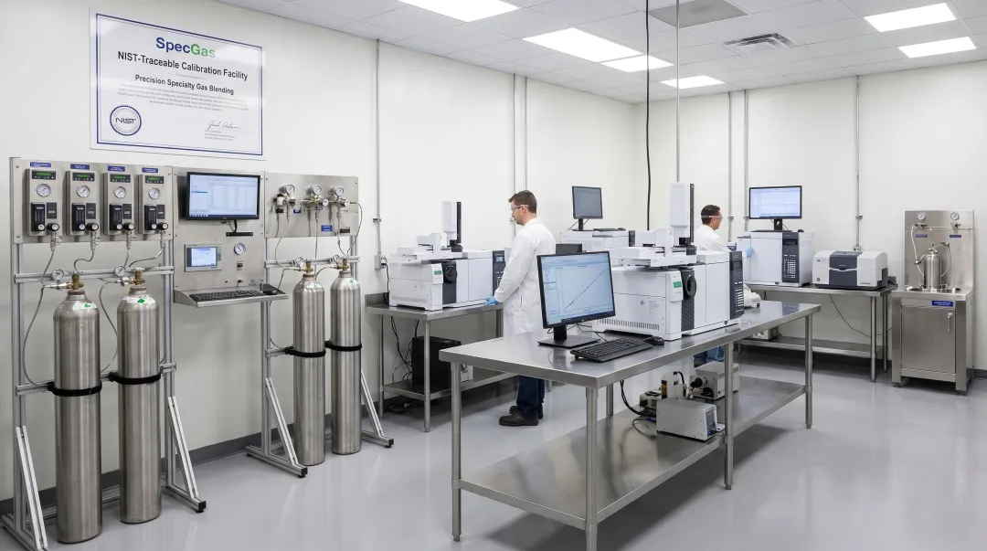 SpecGas precision specialty gas blending laboratory with calibration equipment and cylinders