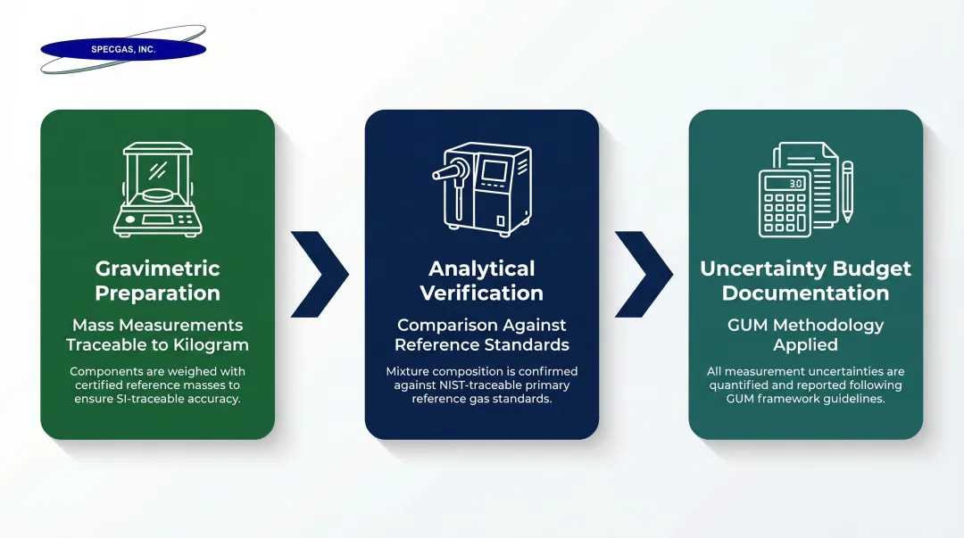 Three-step NIST traceable calibration gas blending and verification process flow