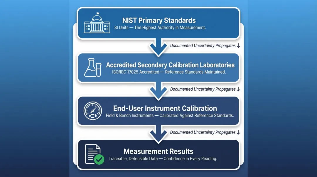 Four-tier NIST traceability chain from SI units to end-user measurements