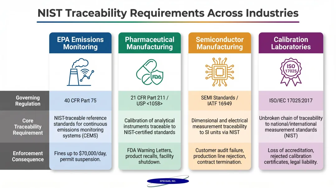 NIST traceability regulatory requirements comparison across EPA FDA semiconductor and ISO industries