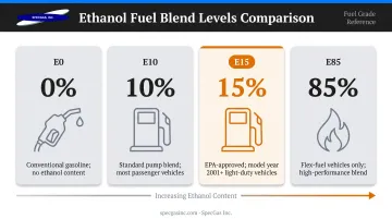 Ethanol fuel blend comparison table E0 E10 E15 E85 content and usage guide