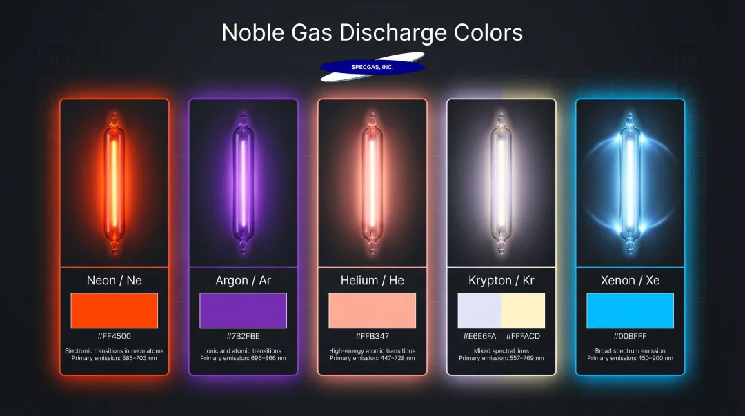 Five noble gases discharge color comparison chart with emission wavelengths