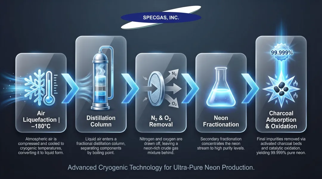 5-step cryogenic neon gas distillation and purification process flow diagram