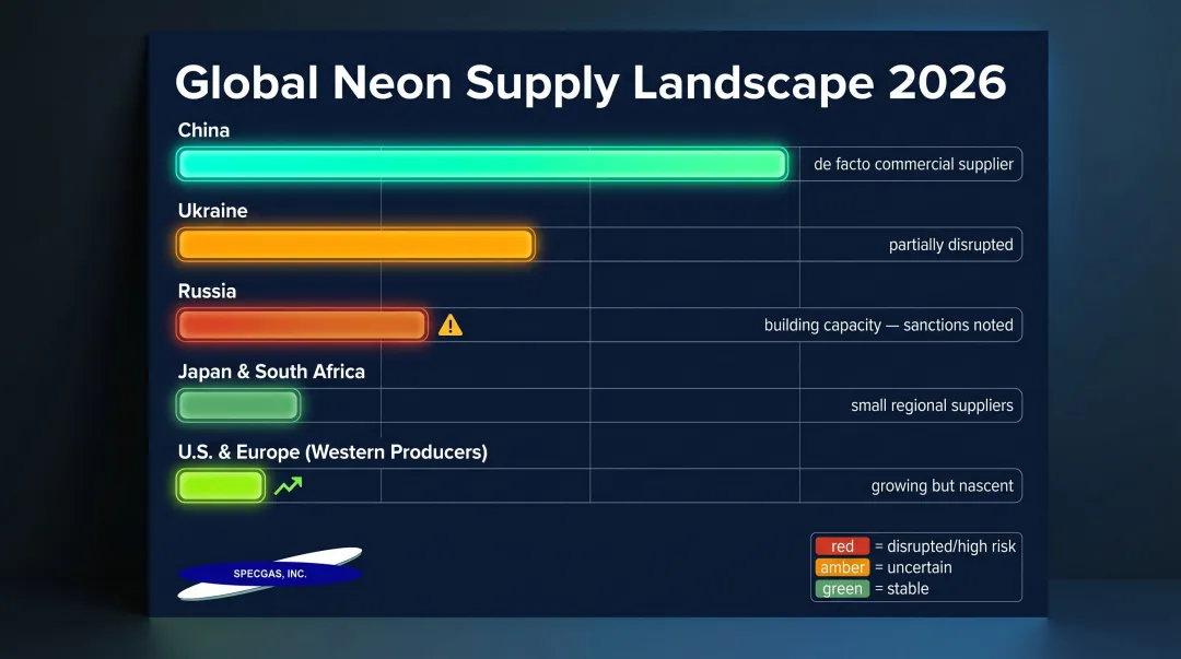 2026 global neon production landscape by country showing supply concentration risks