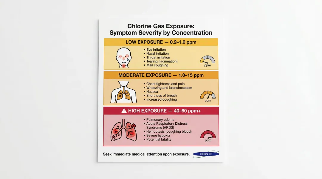 Chlorine gas exposure symptom severity levels from low to high concentration