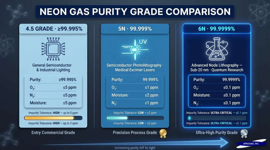 Neon purity grade comparison chart from 4.5 to 6N specifications by application