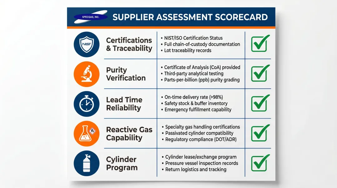 Neon supplier evaluation criteria checklist covering five key vetting categories