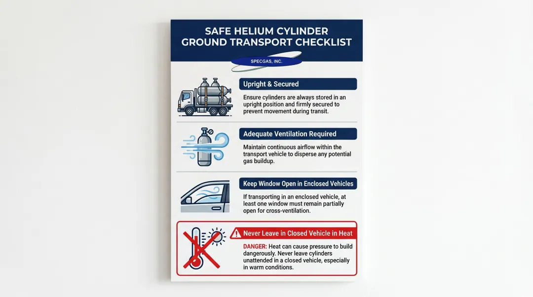 Safe helium cylinder ground transport rules checklist infographic with key requirements