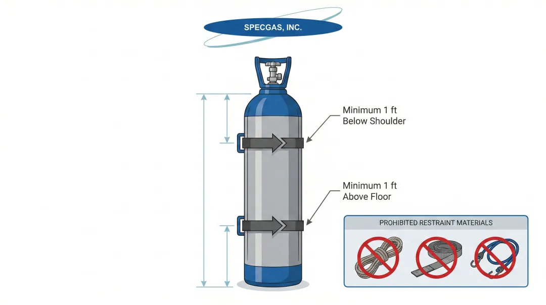Helium cylinder two-point restraint positioning diagram with measurement specifications