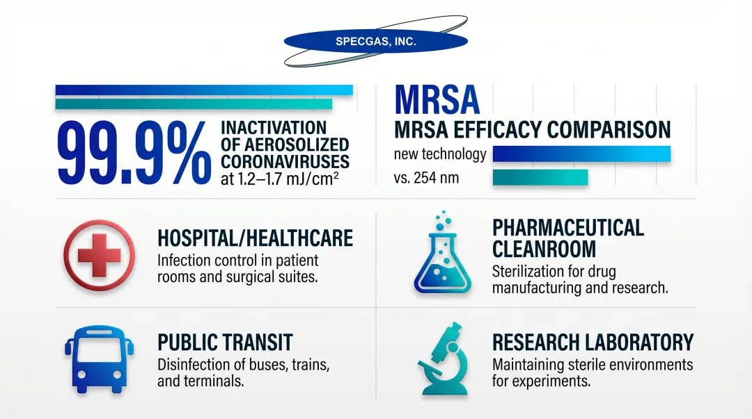 Far-UVC 222nm disinfection efficacy data showing pathogen inactivation doses and application sectors