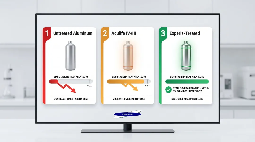 DMS cylinder treatment stability comparison showing adsorption loss across three cylinder types